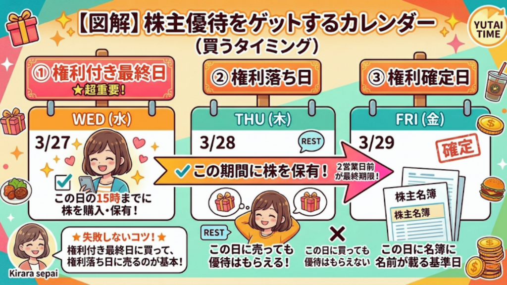 カレンダーのイラスト「権利付き最終日（ここで買う！）」「権利落ち日」「権利確定日」の3日間を分かりやすく矢印で示した図解