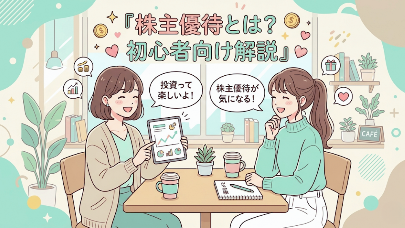 女性2人が会話しながら投資の話をしている。やさしくポップな雰囲気のイラスト