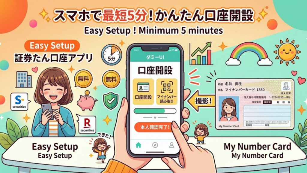スマホとマイナンバーカードを並べて、「スマホで最短5分！かんたん口座開設」と書かれたポップな図解