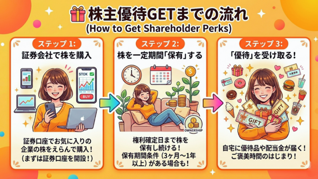株購入 → 保有 → 優待GET の流れ図