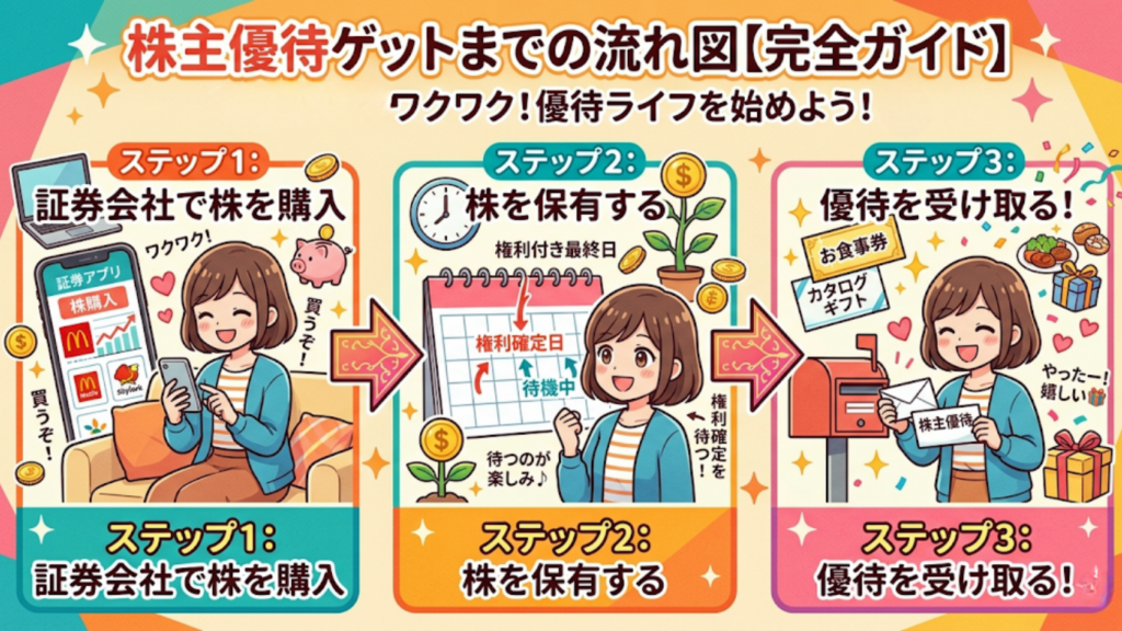 [証券会社で株を購入」→「株を保有」→「優待を受け取る」の3ステップの図解
